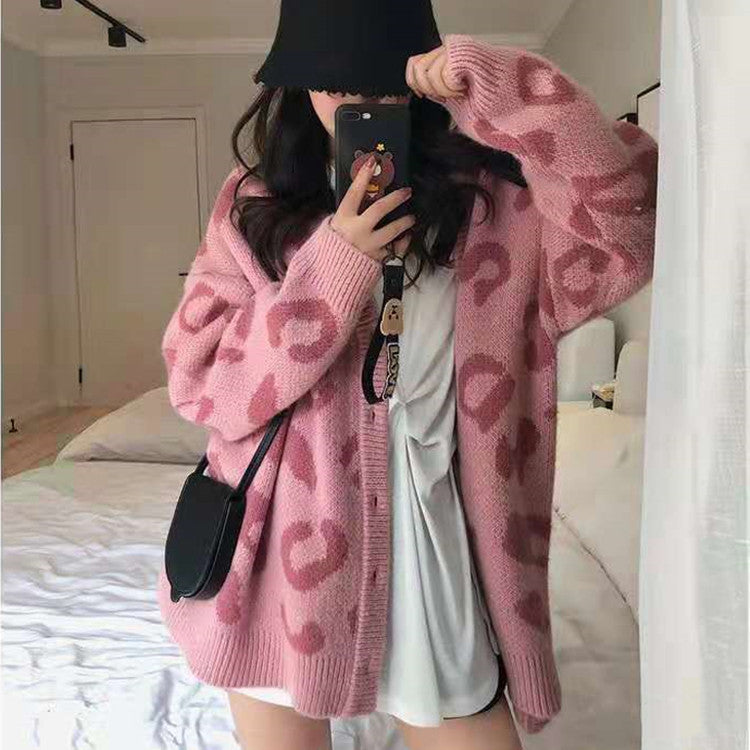 V-neck leopard print loose lazy style wool knitted cardigan jacket
