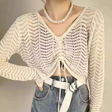 Load image into Gallery viewer, Hollow drawstring V-neck sun protection long-sleeved sweater
