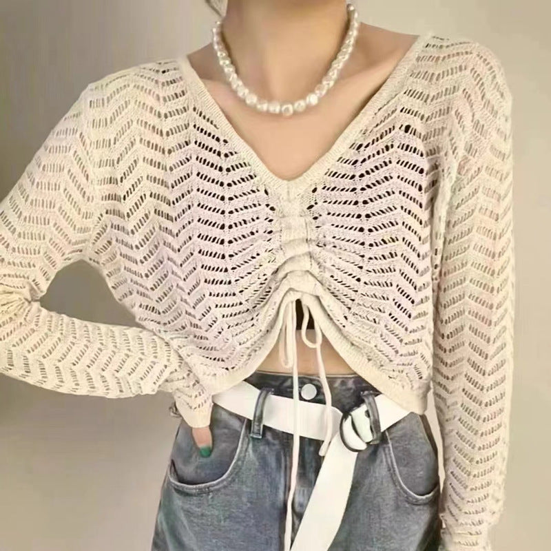 Hollow drawstring V-neck sun protection long-sleeved sweater