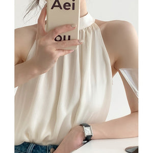 High Quality French Chiffon Shirt Halter Neck Off Shoulder Top