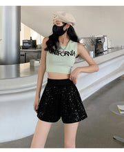 Load image into Gallery viewer, Sequined high-waist slimming loose a-line casual shorts
