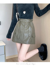 Load image into Gallery viewer, PU leather workwear drawstring high waist slim A-line skirt
