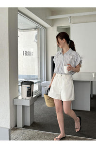 Striped short-sleeved petite design niche small flying sleeve shirt