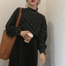 Load image into Gallery viewer, Retro polka dot half turtleneck loose puff sleeves bottoming shirt
