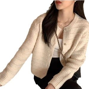 Xiaoxiangfeng round neck textured single-breasted knitted cardigan top
