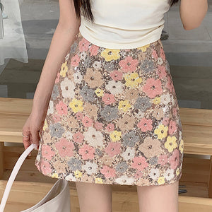 Hot girl style floral sequined high-waisted slimming hip-hugging A-line skirt