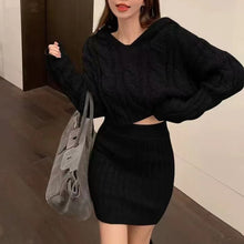 Load image into Gallery viewer, Fashionable hooded knitted twist sweater high-waist elastic hip-covering skirt suit
