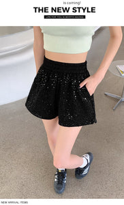 Sequined high-waist slimming loose a-line casual shorts