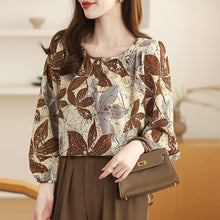 Load image into Gallery viewer, Floral round neck chiffon nine-quarter sleeve retro printed shirt
