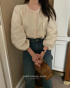 Design sense niche chic love button round neck long sleeve shirt