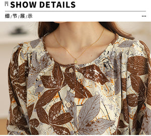 Floral round neck chiffon nine-quarter sleeve retro printed shirt