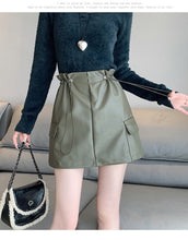 Load image into Gallery viewer, PU leather workwear drawstring high waist slim A-line skirt

