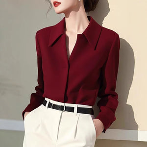 Fashion retro beautiful wine red lapel long sleeve shirt