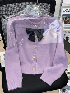 Sweet taro purple bow knitted open jacket