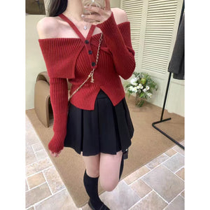 One-shoulder halterneck lapel short knitted long-sleeved top