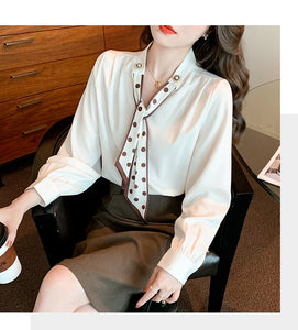Spring and Autumn Slim Bow Lace Commuting Long Sleeve Shirt