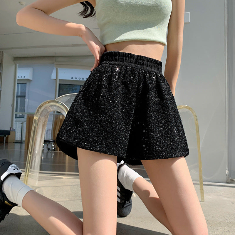Sequined high-waist slimming loose a-line casual shorts