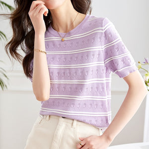 2023 Summer New Gentle Contrast Color Striped Sweater