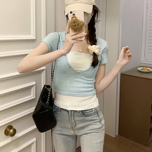 Chic fake two-piece sweet and spicy tight-fitting short top