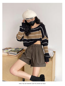 Washed leather A-line strap casual wide-leg shorts