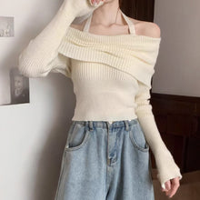 Load image into Gallery viewer, Halterneck knitted one-shoulder long-sleeved off-shoulder cropped sweater
