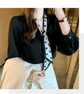 Spring and Autumn Slim Bow Lace Commuting Long Sleeve Shirt