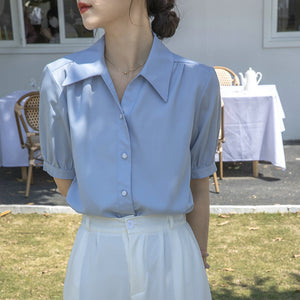 Chiffon V-neck professional-looking interview loose puff-sleeve shirt
