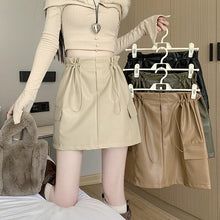 Load image into Gallery viewer, PU leather workwear drawstring high waist slim A-line skirt
