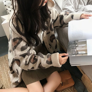 V-neck leopard print loose lazy style wool knitted cardigan jacket
