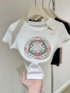 Chinese style button embroidered slim crop top