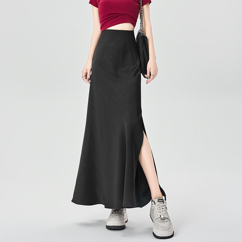 Satin dark pattern jacquard slimming and drapey A-line fishtail skirt