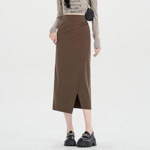 Autumn and winter niche irregular slit high-waisted hip-covering A-line skirt
