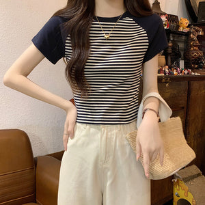 Retro Striped Raglan Cotton Sweet Girl Top