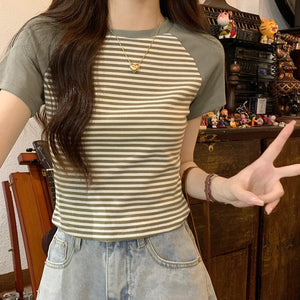 Retro Striped Raglan Cotton Sweet Girl Top