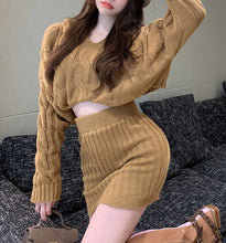 Load image into Gallery viewer, Fashionable hooded knitted twist sweater high-waist elastic hip-covering skirt suit
