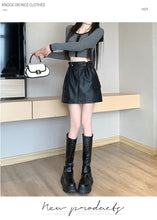 Load image into Gallery viewer, PU leather workwear drawstring high waist slim A-line skirt
