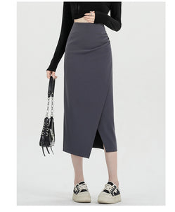 Autumn and winter niche irregular slit high-waisted hip-covering A-line skirt