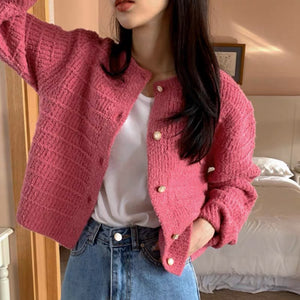 Xiaoxiangfeng round neck textured single-breasted knitted cardigan top