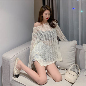 Hollow thin slouchy long-sleeved sun protection knitted blouse