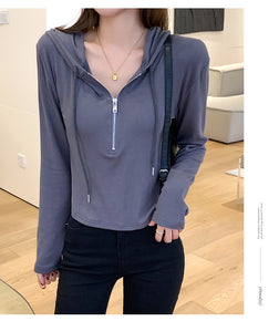 Loose Hooded Spring Zip Bottom Sweatshirt