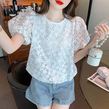 Load image into Gallery viewer, Puff Sleeve Embroidered Flower Lace Doll Shirt Short Sleeve Top
