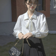 Load image into Gallery viewer, Lantern sleeve temperament autumn and winter bow shirt
