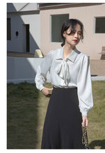 Load image into Gallery viewer, Lantern sleeve temperament autumn and winter bow shirt
