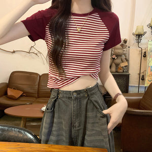 Retro Striped Raglan Cotton Sweet Girl Top