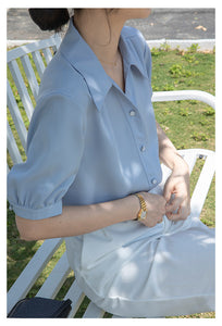 Chiffon V-neck professional-looking interview loose puff-sleeve shirt
