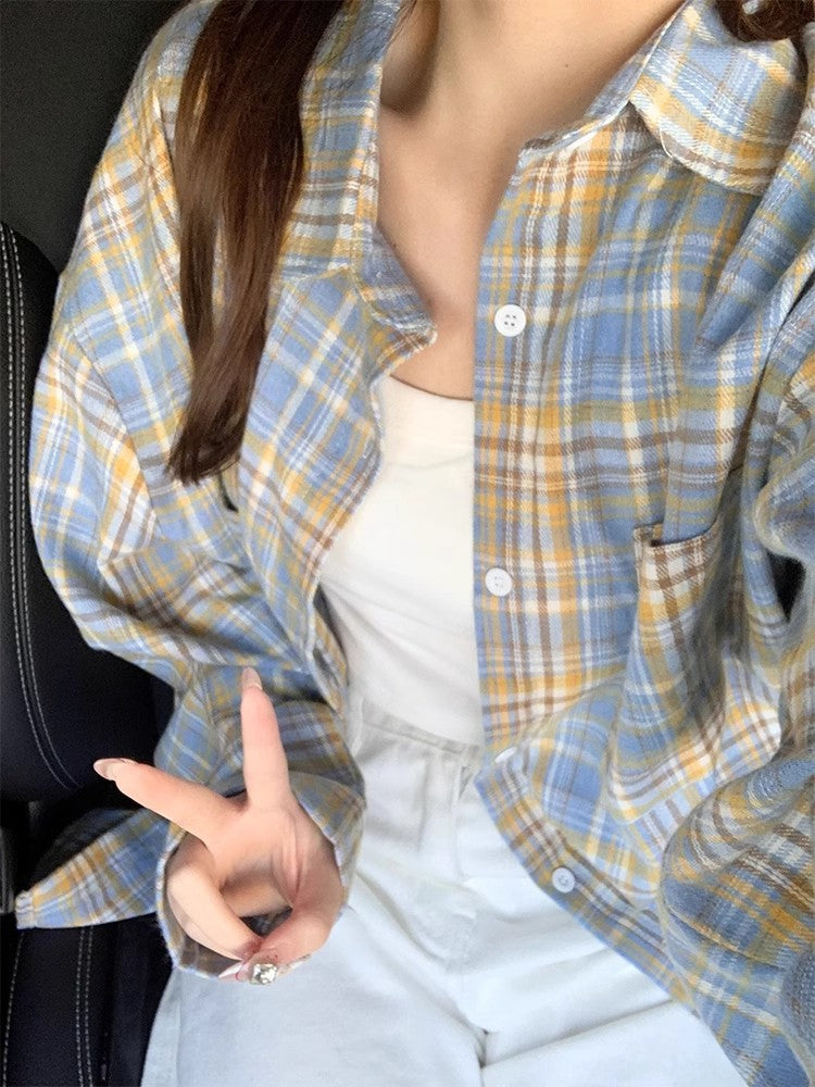American retro plaid long sleeve loose casual shirt jacket