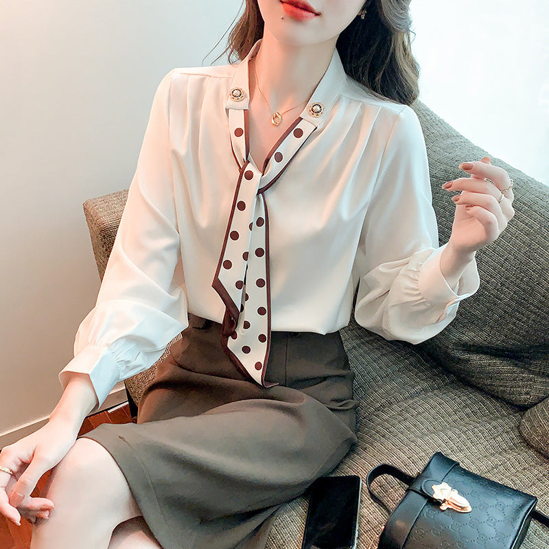 Spring and Autumn Slim Bow Lace Commuting Long Sleeve Shirt