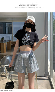 Sequined high-waist slimming loose a-line casual shorts