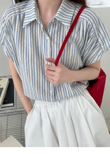 Load image into Gallery viewer, Striped short-sleeved petite design niche small flying sleeve shirt
