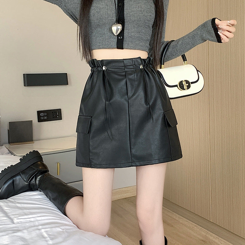 PU leather workwear drawstring high waist slim A-line skirt